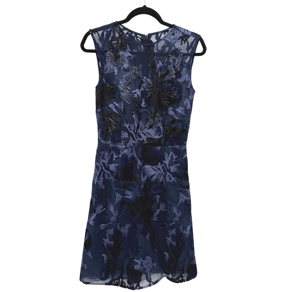 David Meister Navy Blue Black Floral Embroidered Beaded Cocktail Dress 6